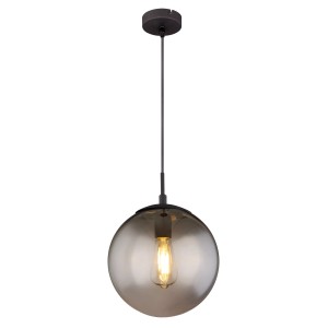 Schwarze Globo Hängeleuchte Blama mit rauchfarbenem Glas, Ø 25 cm. Pendelleuchte für Wohn- und Schlafzimmer.