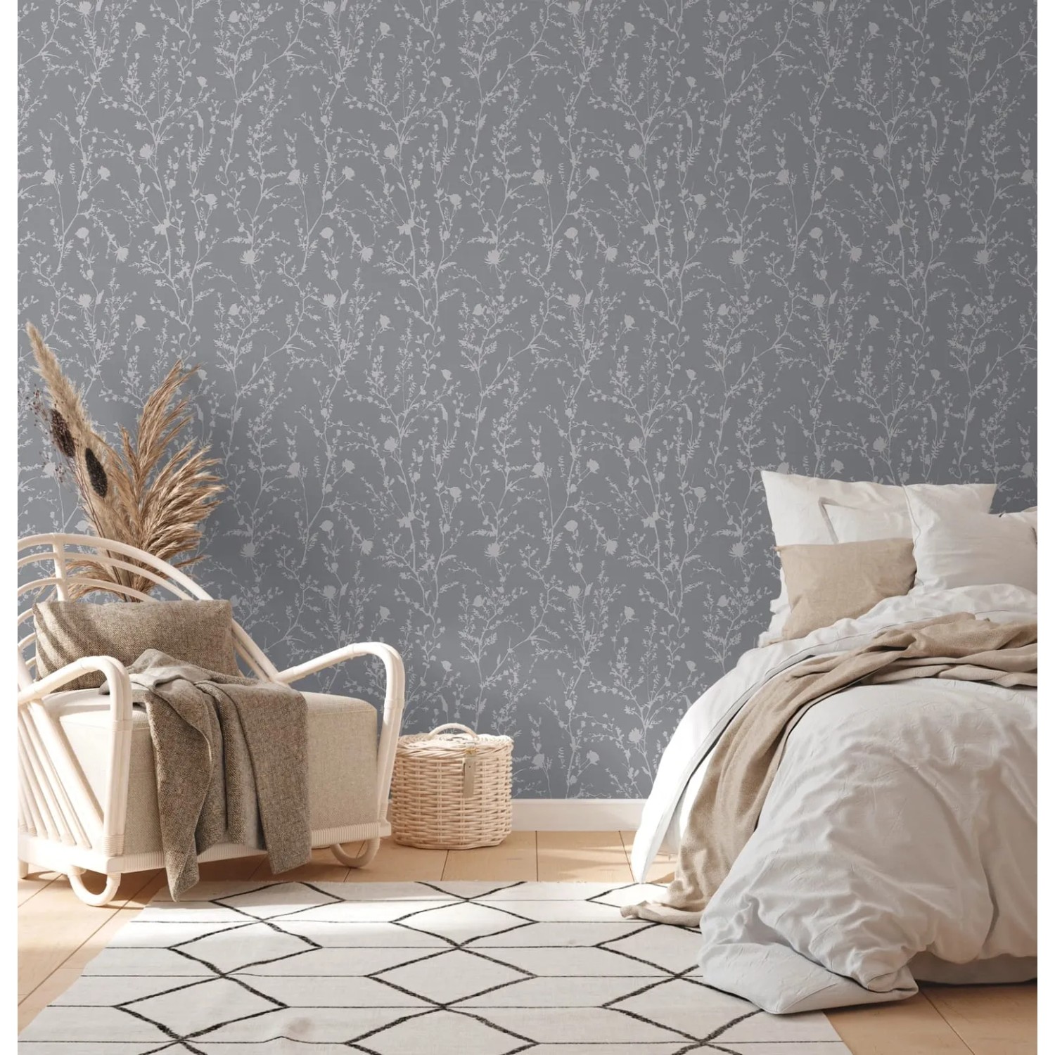 PROFHOME Vliestapete Floral Grau/Silber. Schimmernde Landhaus Tapete mit Blumenmuster.