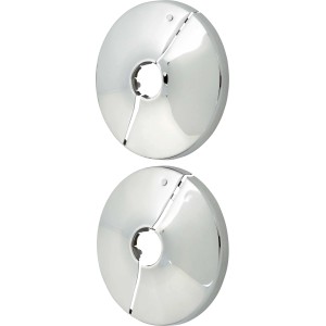 Zwei verchromte LUX Klapprosetten, 12 mm, zur Abdeckung von Rohrdurchführungen.