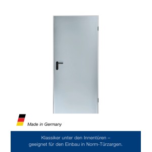 Verzinktes ZK-Türelement, 750x1875 mm, DIN Rechts, mit Eckzarge und schwarzem Türgriff.