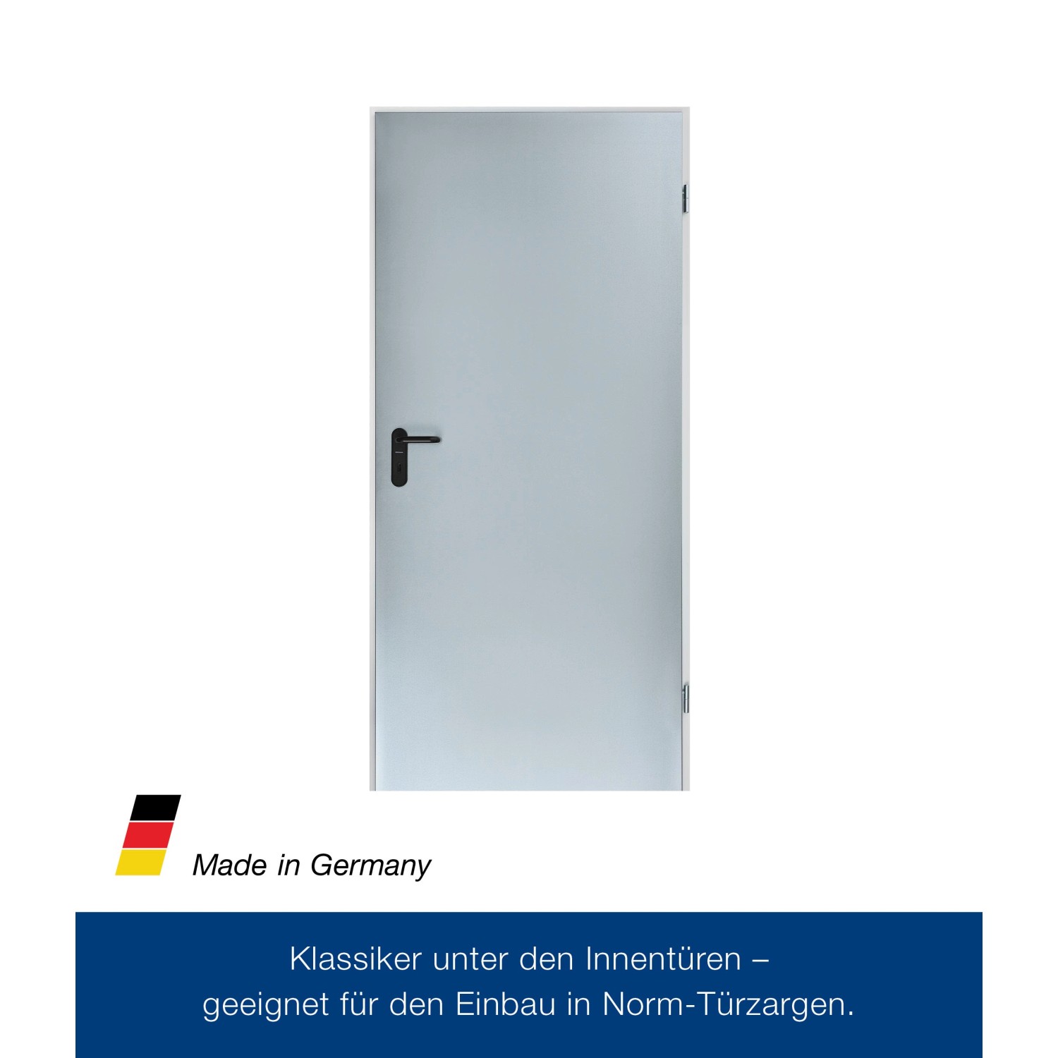 Verzinktes ZK-Türelement, 750x1875 mm, DIN Rechts, mit Eckzarge und schwarzem Türgriff.