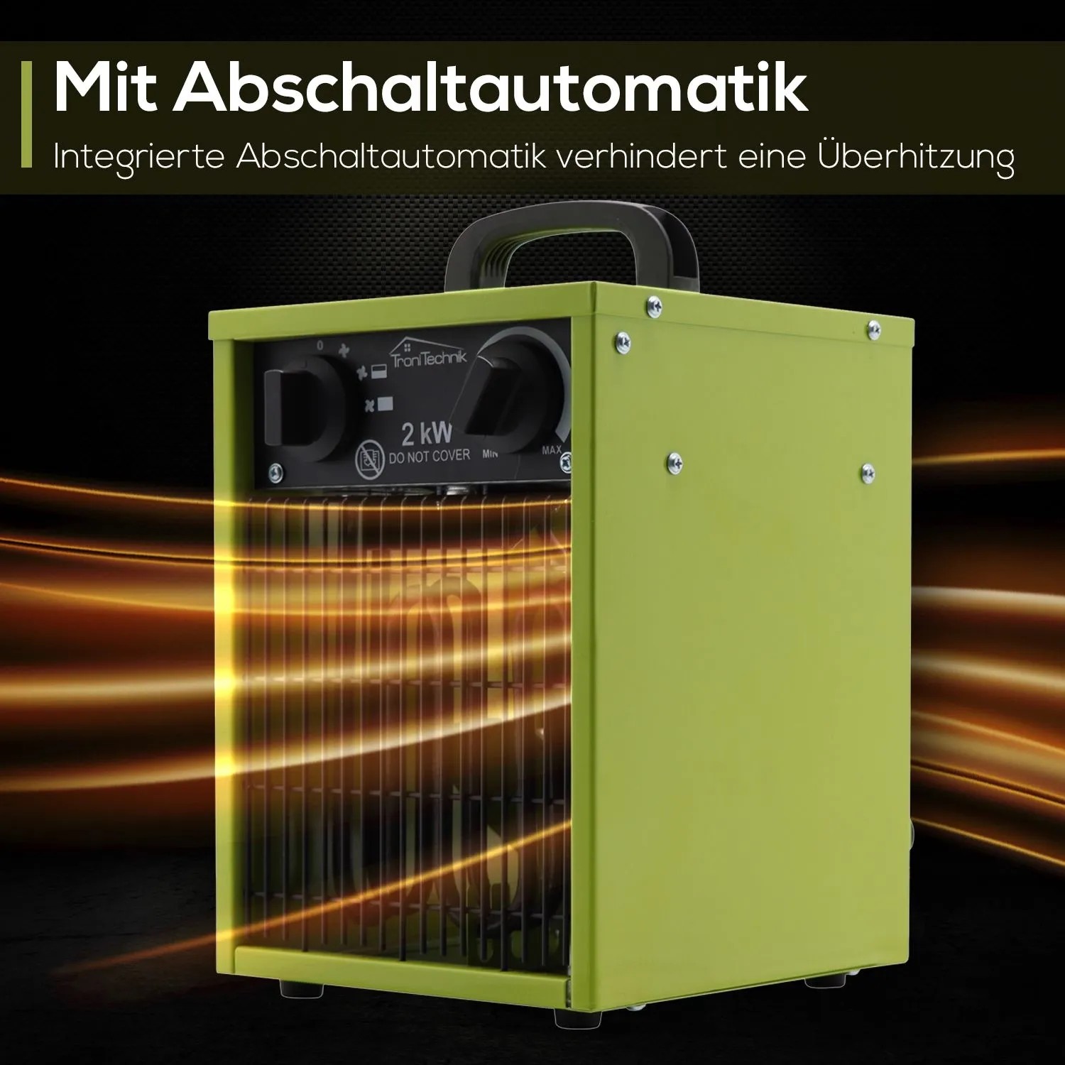 Tronitechnik Heizlüfter, 2000 Watt, grün, mit Tragegriff und Thermosteuerung.