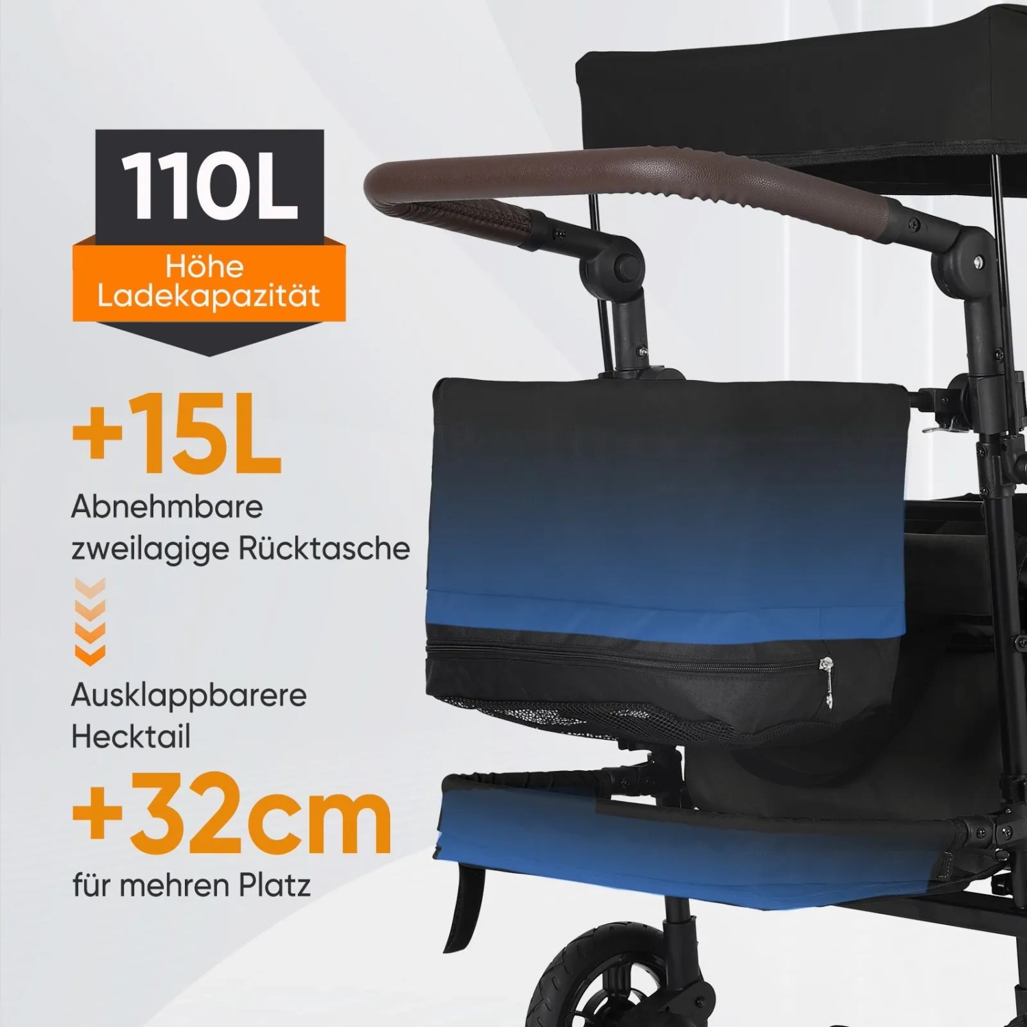 Sekey Bollerwagen, faltbar, schwarz, mit Hecktasche und ausklappbarem Heckteil für Camping & Zubehör.