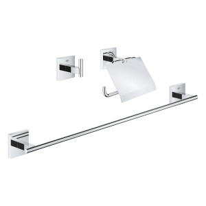 Grohe QuickFix Bad-Set 3 in 1 Start Cube Chrom: Handtuchhalter, Toilettenpapierhalter und Bademantelhaken.