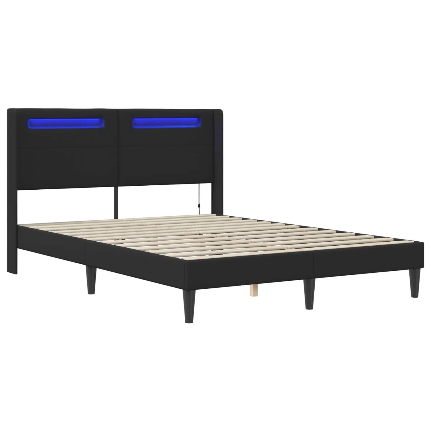 Schwarzes vidaXL Bett 160x200 mit LED-Leisten, Kunstleder-Bettrahmen.