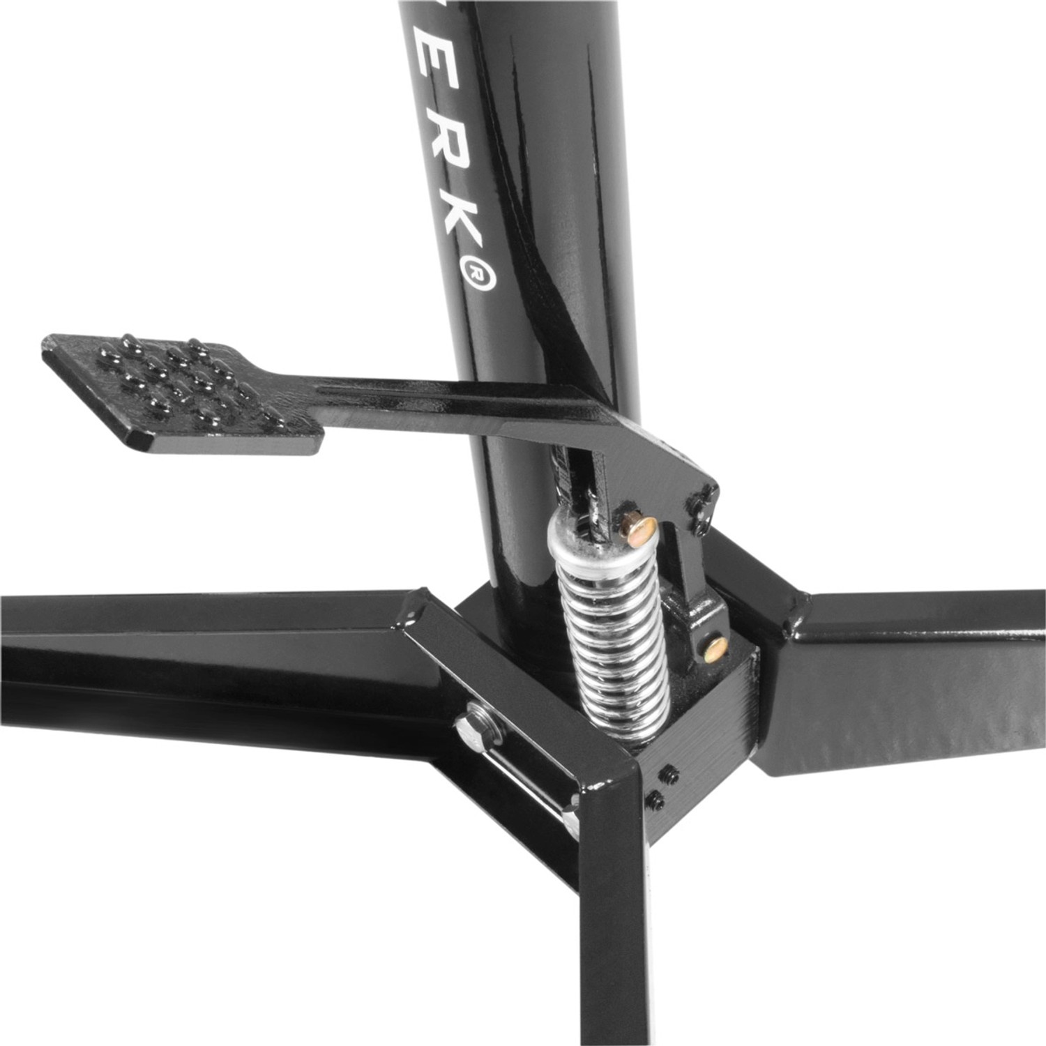 Detailaufnahme: STAHLWERK Getriebeheber TJ-500 ST mit Fußpedal und stabiler Basis. Autozubehör für Werkstätten.