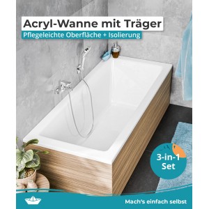 Rechteckige Calmwaters Badewanne 170x75 cm mit Wannenträger und Ablaufgarnitur.
