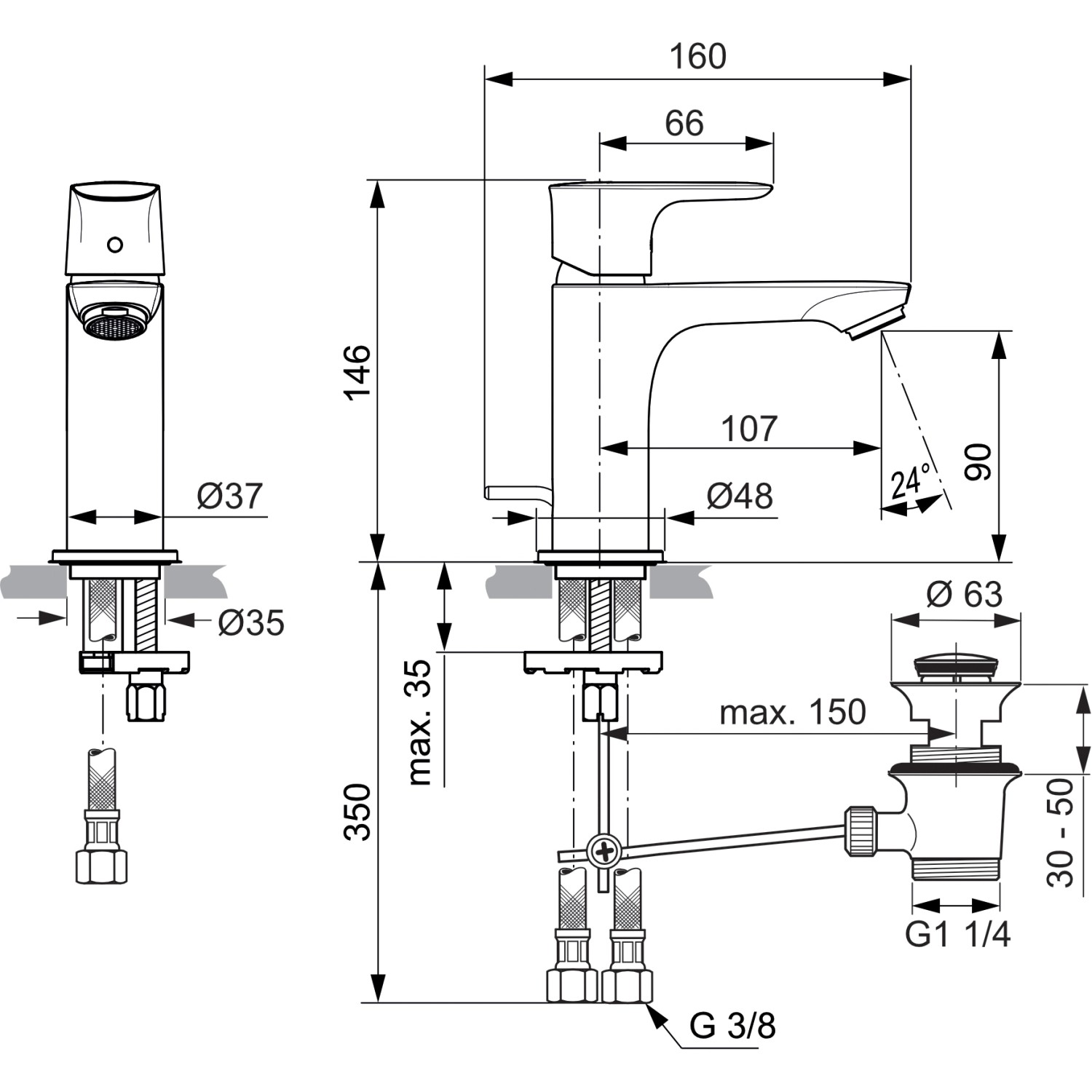 Technische Zeichnung: Ideal Standard Connect Air Slim Waschtischarmatur, Edelstahl, Maße und Details.