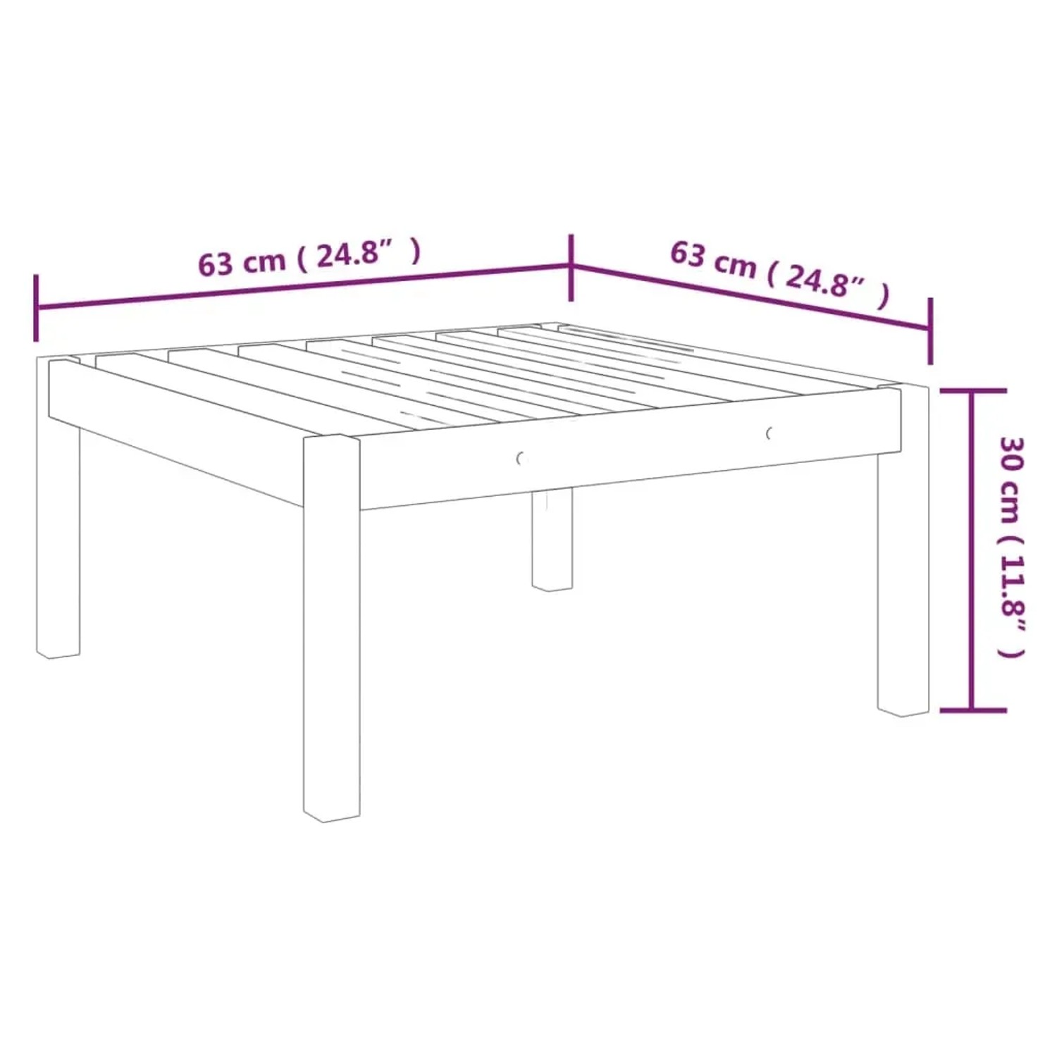 Skizze eines quadratischen Akazienholz-Tisches (63x63x30cm) aus dem vidaXL Garten-Lounge-Set.