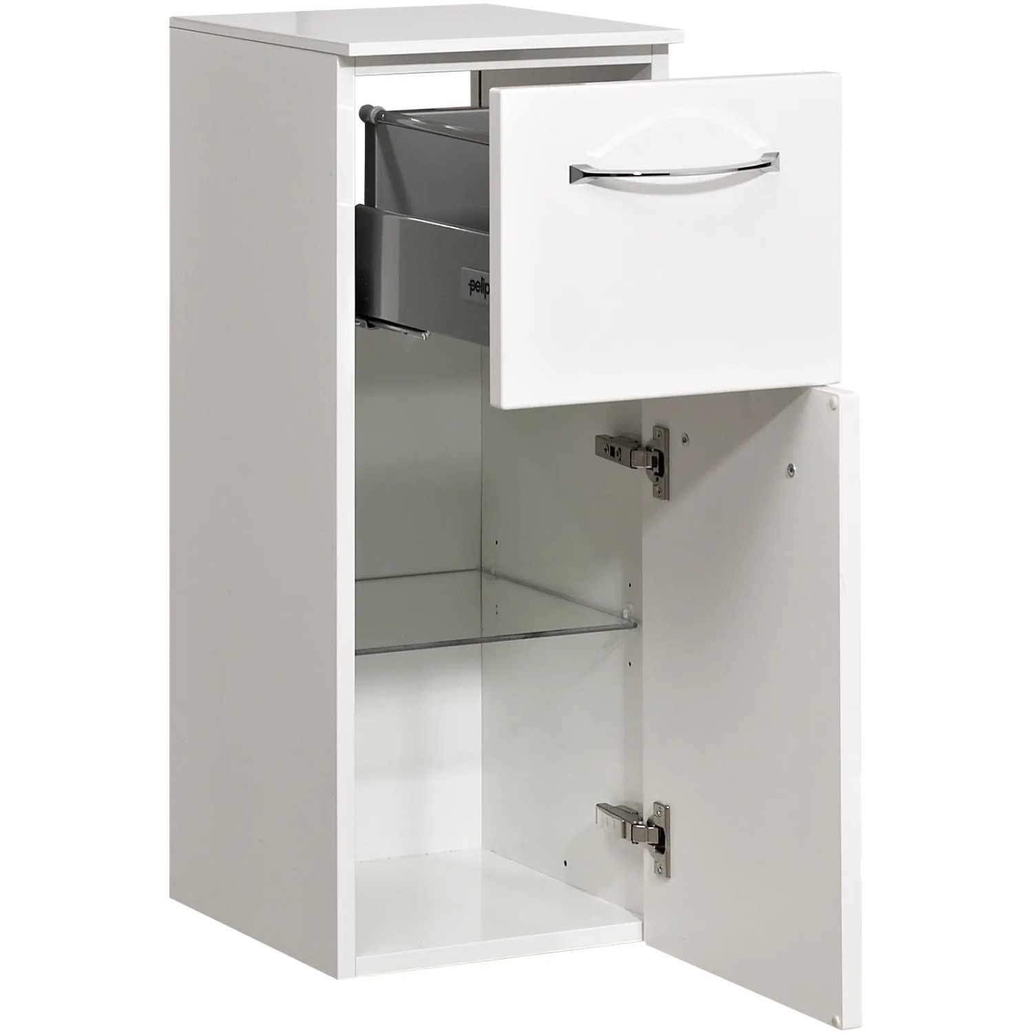 Pelipal Bad-Hängeschrank Quantum 03, weiß hochglanz, 30 cm breit, mit Schublade und Tür geöffnet.