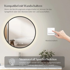 Runder Emke LED Badspiegel, 80 cm, mit schwarzem Rahmen, Beleuchtung, Uhr und Antibeschlag.