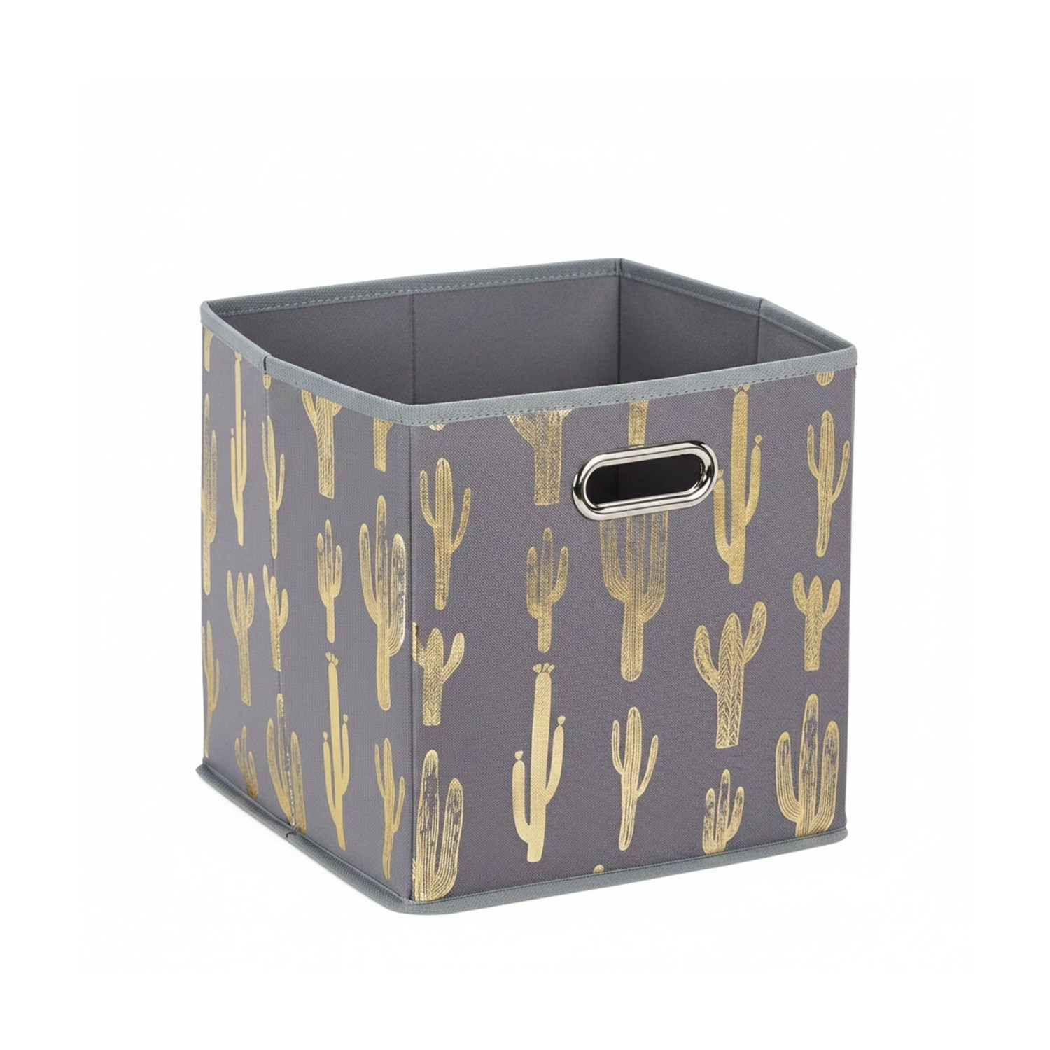Relaxdays Faltbox Vlies Grau Gold Kaktusmotiv mit Griffen 29 cm x 28,5 cm x 28,5 cm