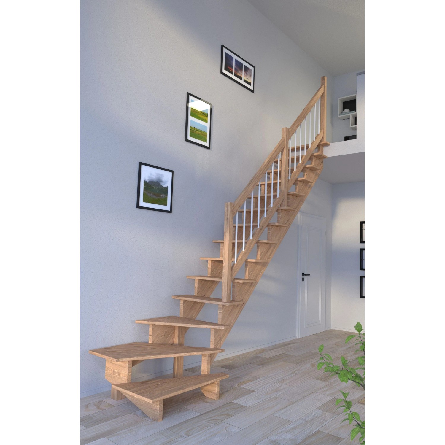 Gewendelte Treppe Lindos Pro Eiche mit Holz-Edelstahl-Geländer Weiß, FSC®-zertifiziert.