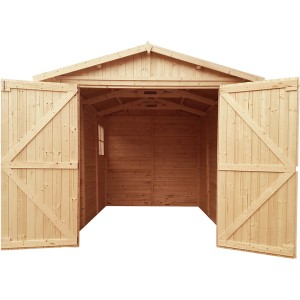 TIMBELA Holzgarage M105, 6 m², mit Fenster, offene Doppeltür, naturbelassenes Holz.