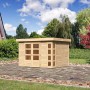 Karibu Holz-Gartenhaus Sölve, unbehandelt, mit Flachdach und Doppeltür im Garten.