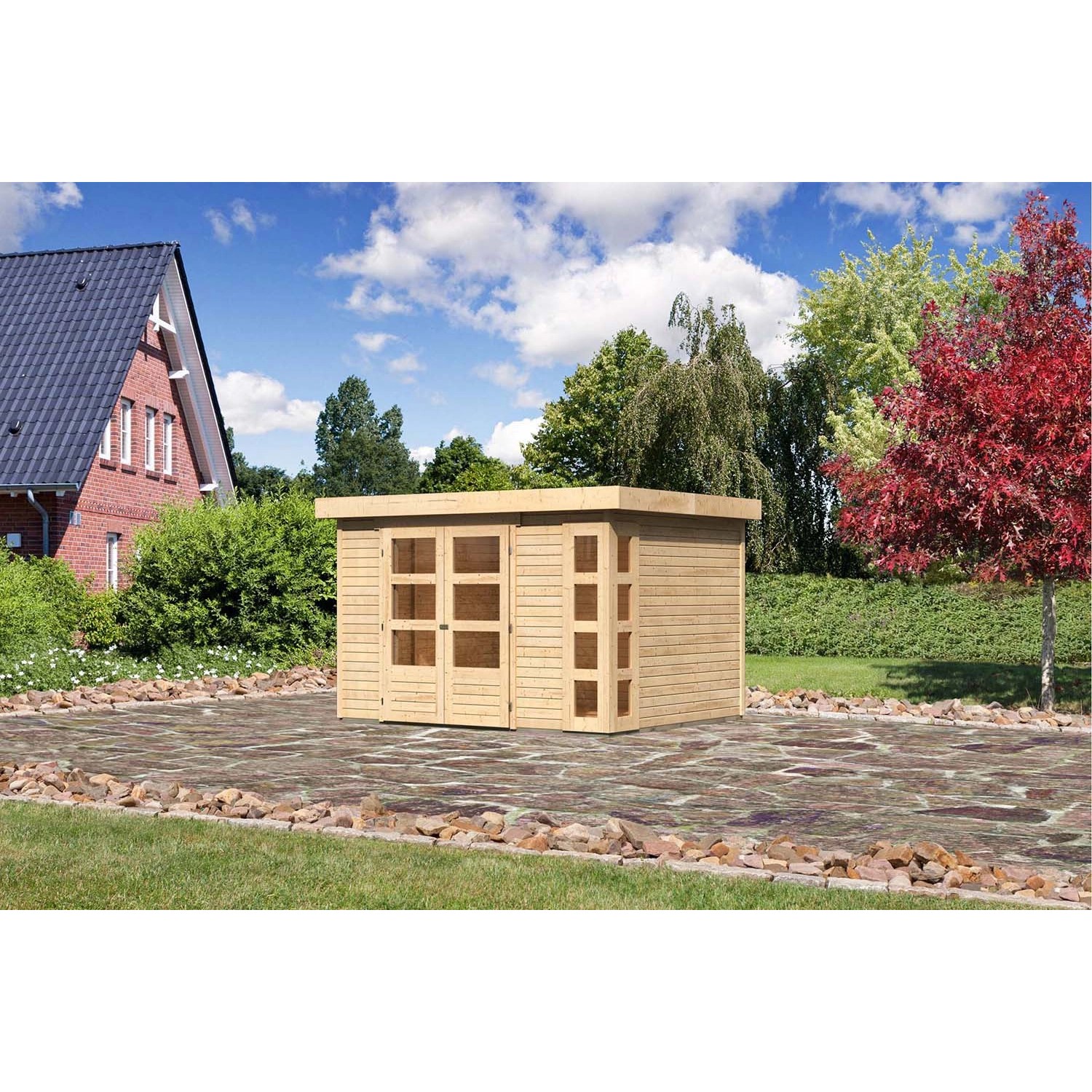 Karibu Holz-Gartenhaus Sölve Natur Flachdach Unbehandelt 298 cm x 242 cm günstig online kaufen