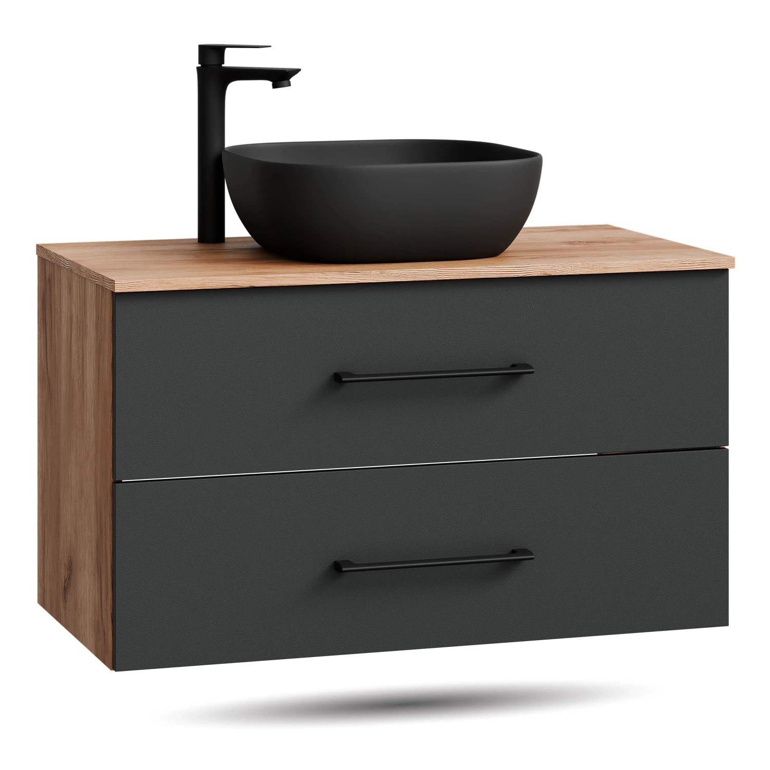 Planetmöbel LUX Waschtischunterschrank 90 cm mit Aufsatzwaschbecken 42,5 cm Schwarz Soft Close