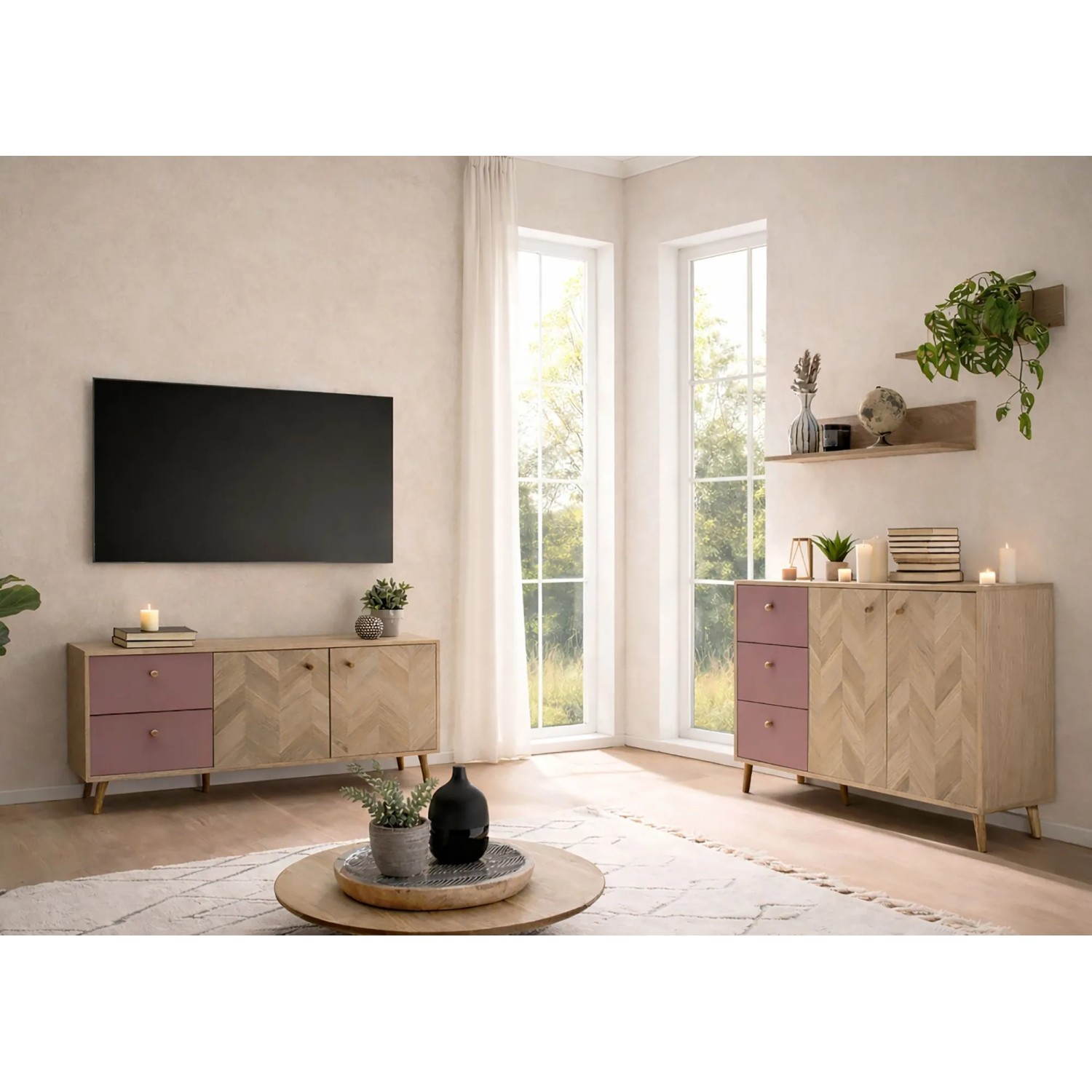 Schildmeyer Visby Wandregal-Set, Eiche Hell mit Fischgrät-Dekor, im modernen Wohnzimmer.