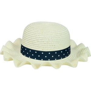 Beiger Mädchen Strohhut mit gewellter Krempe und marineblauem Band mit weißen Punkten. Ideal als Sonnenhut.