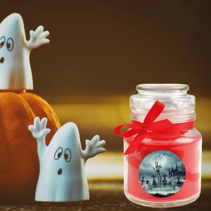 Halloween Duftkerze im Glas (rot) mit Geister-Deko, Brenndauer 30h.