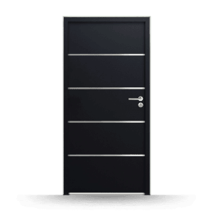 Anthrazitfarbene FM Türen Nebeneingangstür NBT56 Modell 502 mit Edelstahl-Akzenten und Drückergarnitur.