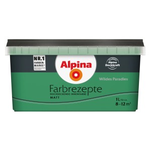 Alpina Farbrezepte Wildes Paradies, matte grüne Innenfarbe im 1L Eimer.