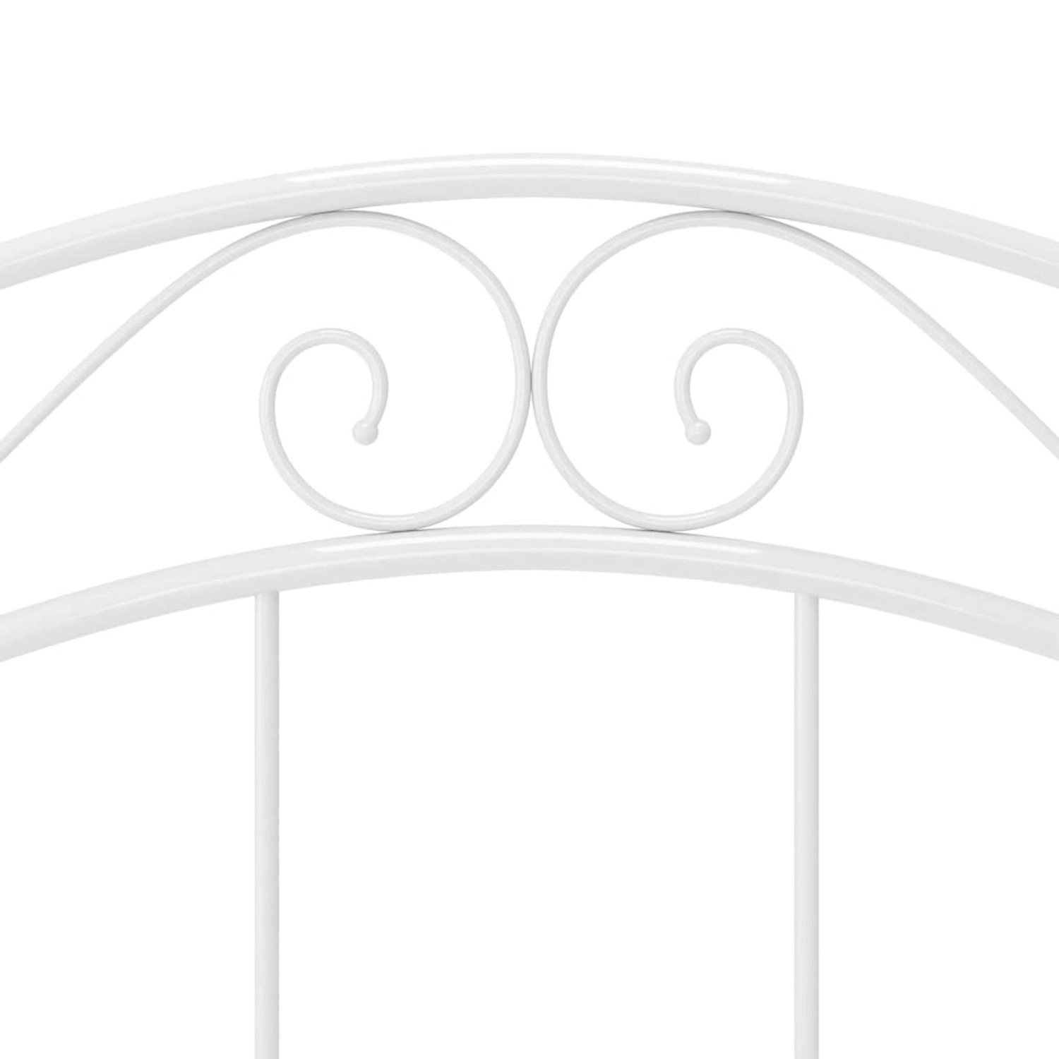 Detailansicht: Weißes Metallbett 90x200 cm mit geschwungenem Kopfteil.