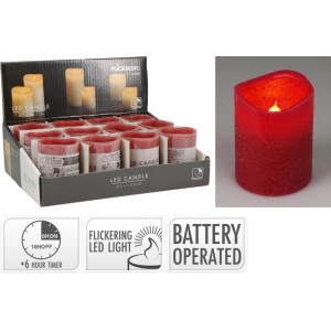 Rote LED-Kerze mit flackerndem Licht, Timerfunktion und gewelltem Rand. Ideal für stimmungsvolle Dekoration.