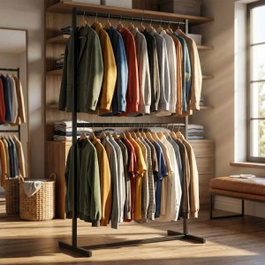 DELUKE Kleiderständer HANS aus schwarzem Metall mit zwei Kleiderstangen, voll mit Jacken und Hemden. Perfekt für Garderobe.