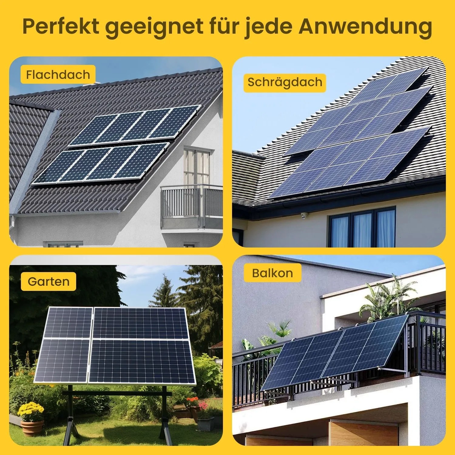 EcoFlow Balkonkraftwerk Set mit Solarmodulen auf Flach-, Schrägdach, Balkon und im Garten.
