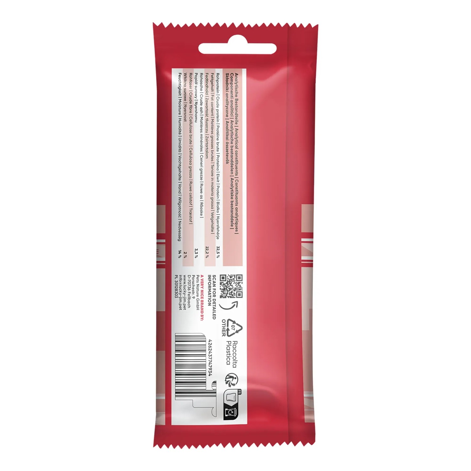 Lucky Jim Hunde-Snack Gymies Rind, 75g Packung, Rückseite mit Infos.