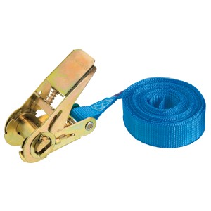 Einteiliger, blauer Zurrgurt (25mm x 5m) mit goldfarbener Ratsche für Reise & Transport.