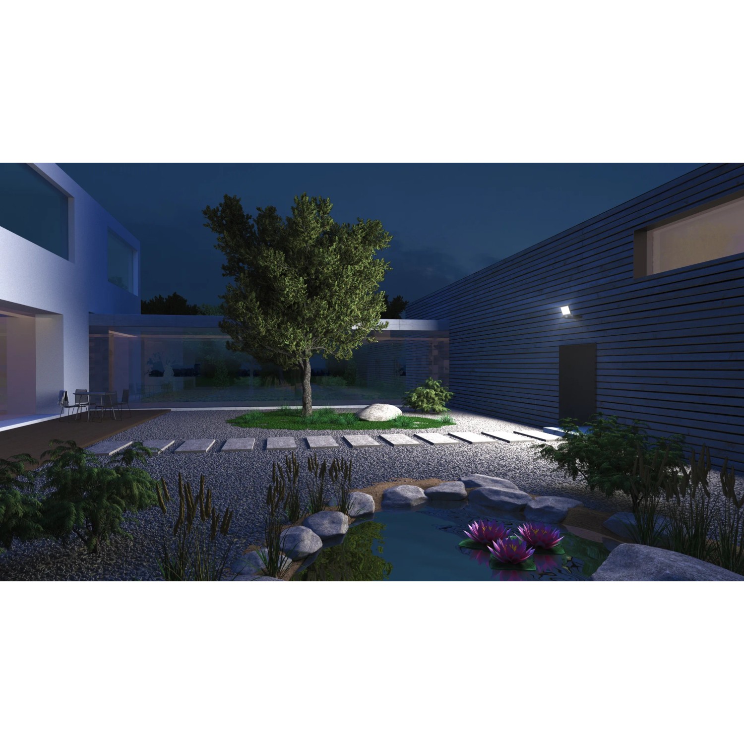 Steinel XLED One S Außenstrahler Anthrazit beleuchtet Garten mit Teich und Hauswand.