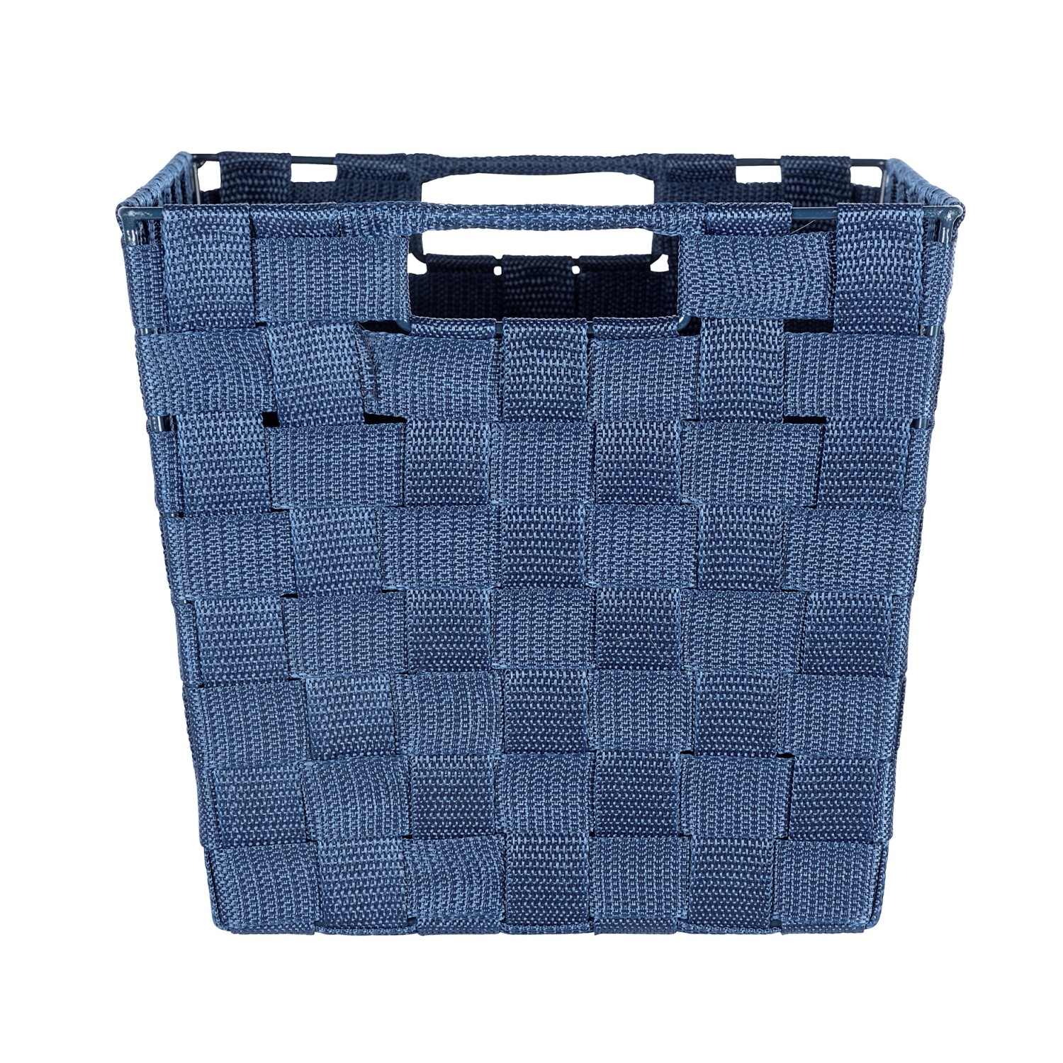 Dunkelblauer Wenko Aufbewahrungskorb Adria M aus Polypropylen mit Flechtoptik, 35x22x22,5 cm.