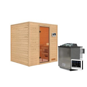 Karibu Sauna Adelina Set mit naturbelassener Holzoptik, Ofen und externer Steuerung.