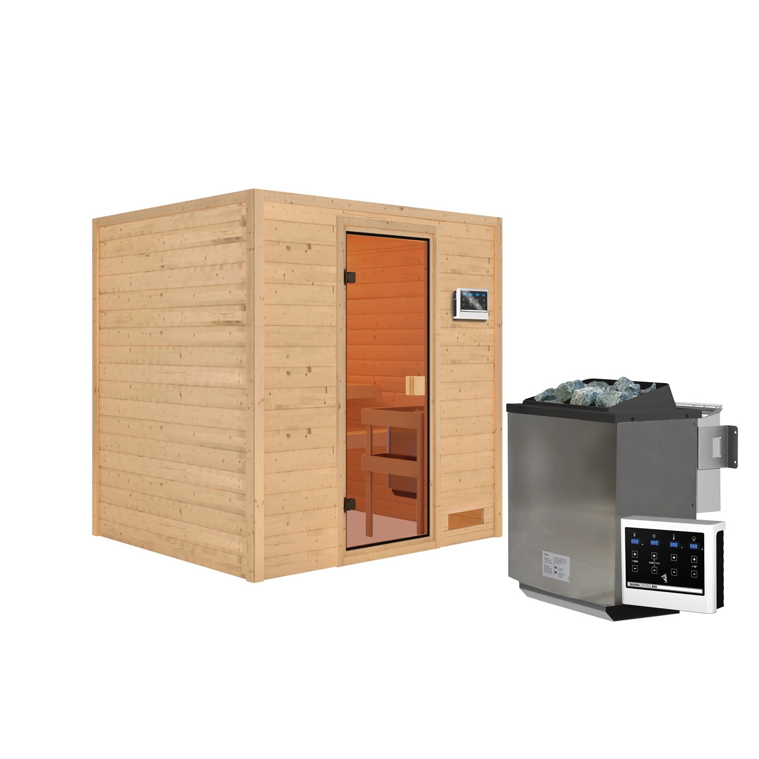 Karibu Sauna Adelina Set Naturbelassen mit Ofen 9 kW Bio ext. Steuerung