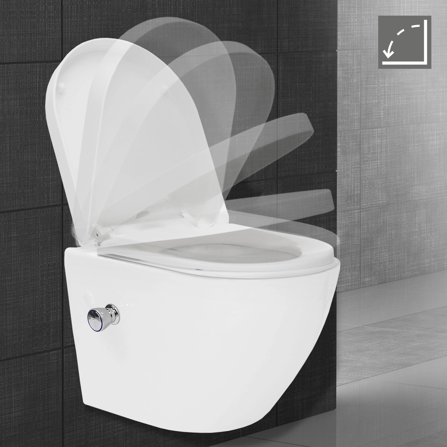 Weißes, spülrandloses LuxeBath Hänge-WC mit Bidet-Funktion und Softclose.
