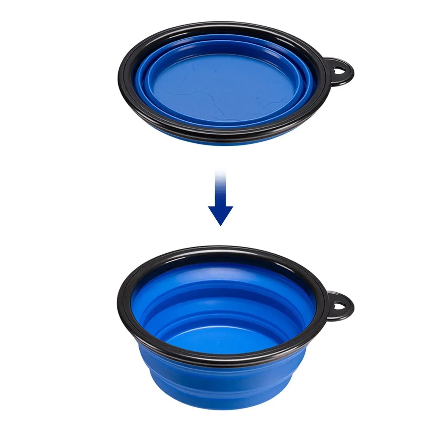 Faltbarer, blauer Hundenapf von Juskys, zusammengeklappt und geöffnet dargestellt.