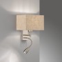 Wandleuchte Dream: Nickelfarbene Lampe mit sandfarbenem Leinen-Schirm und LED-Lesearm.