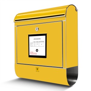 Gelber Banjado Edelstahl Briefkasten mit Zeitungsfach und Motiv.