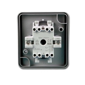 Grauer TEM Fontana Doppel Wechsel Schalter, Rückseite mit schraublosen Steckklemmen. Für Feuchträume & Außenbereich, IP44.