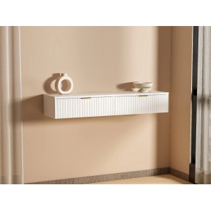 Weißer moderner Konsolentisch Fralyn, wandmontiert, mit 2 geriffelten Schubladen und goldenen Griffen. Ideal für Wohnzimmer.