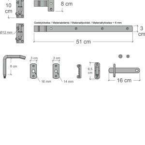 Detailzeichnung Beschläge für Gartentor Newline: Verschluss, Riegel, Winkel und Schrauben mit Maßangaben.