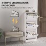 Weißer HOMCOM Schuhschrank mit drei Fächern und Schuhen, neben einer Sitzbank.