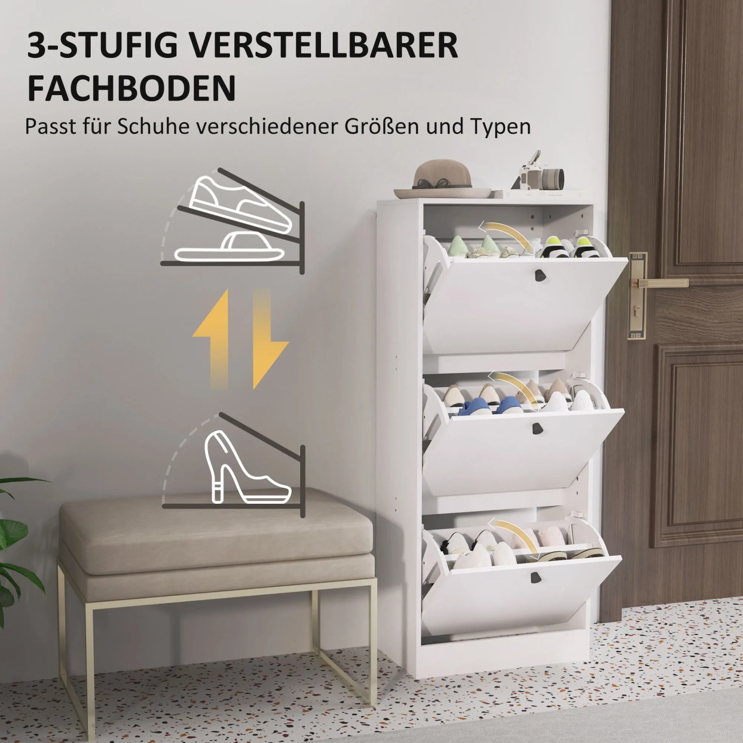 Weißer HOMCOM Schuhschrank mit drei Fächern und Schuhen, neben einer Sitzbank.