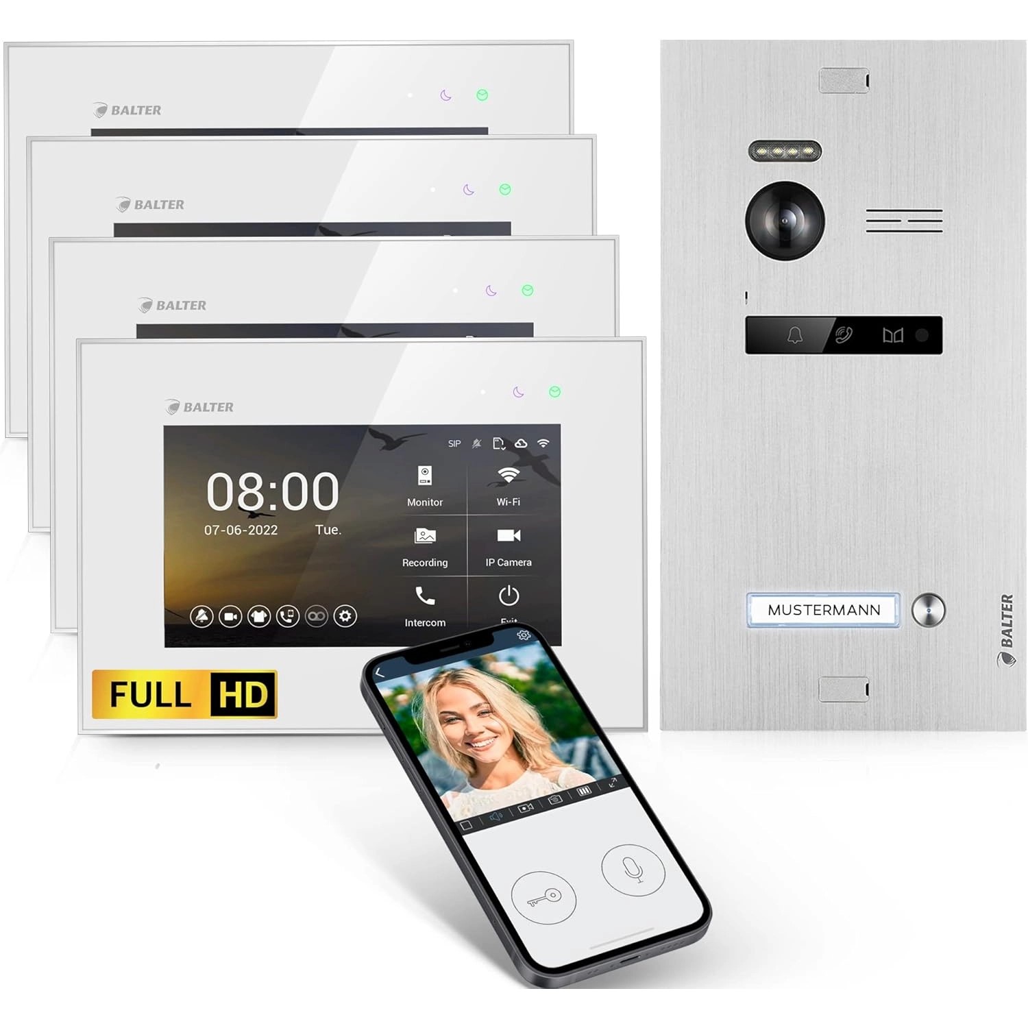 Balter EVO-HD Video-Türsprechanlage mit App für Einfamilienhaus mit 4x 7 Zoll Monitor Silber-Weiß