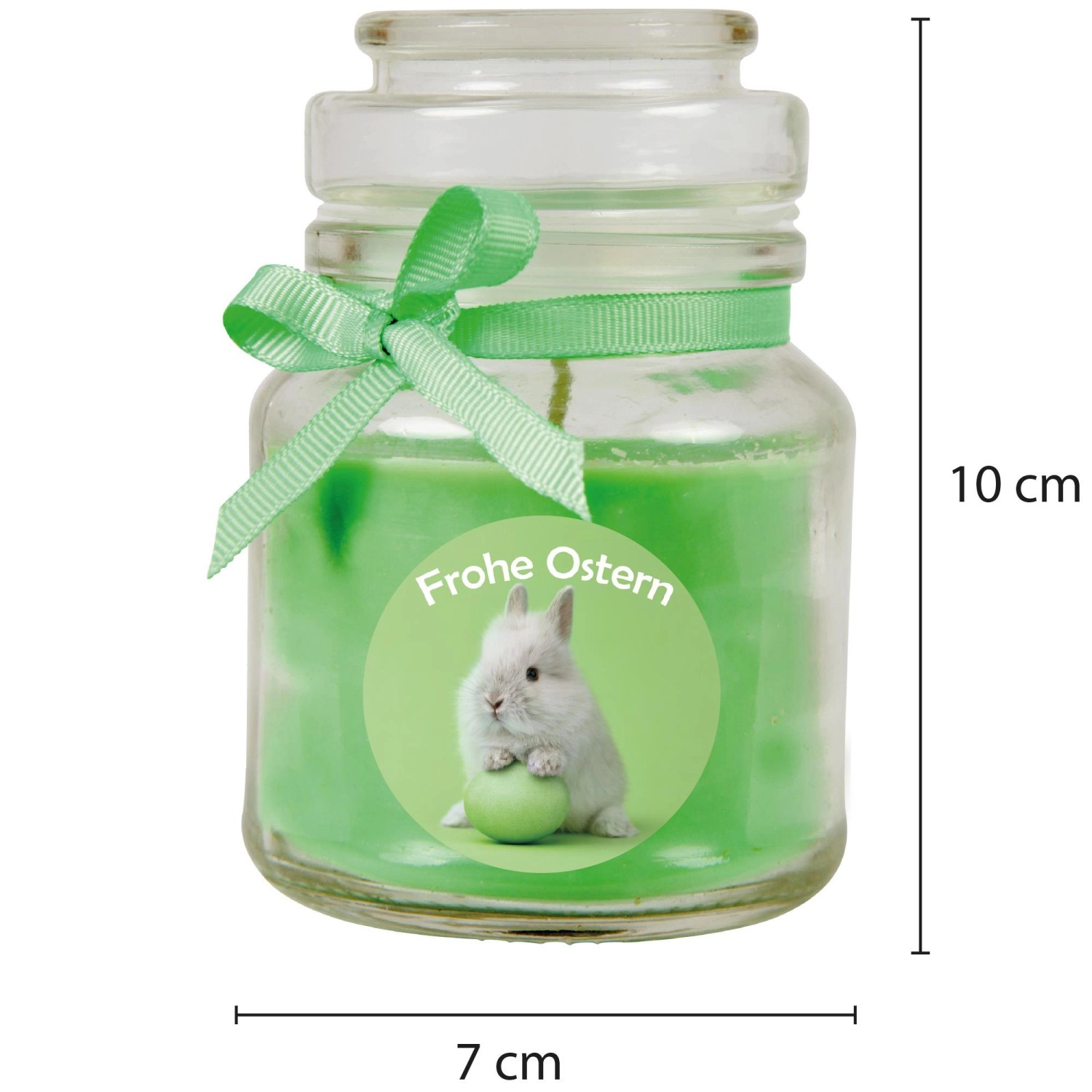 Grüne Duftkerze im Glas mit Osterhase und Schleife, 30h Brenndauer.