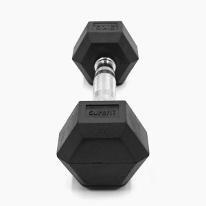 Schwarze Suprfit Hex Gummi-Kurzhantel 3 kg mit gerändeltem Griff. Sechseckige Form verhindert Wegrollen. Ideal für Fitness.