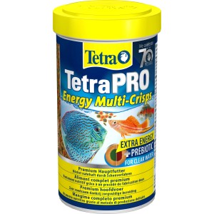 TetraPro Energy Multi-Crisps Fischfutter-Granulat im gelb-blauen Behälter mit Fischabbildungen.
