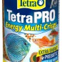 TetraPro Energy Multi-Crisps Fischfutter-Granulat im gelb-blauen Behälter mit Fischabbildungen.